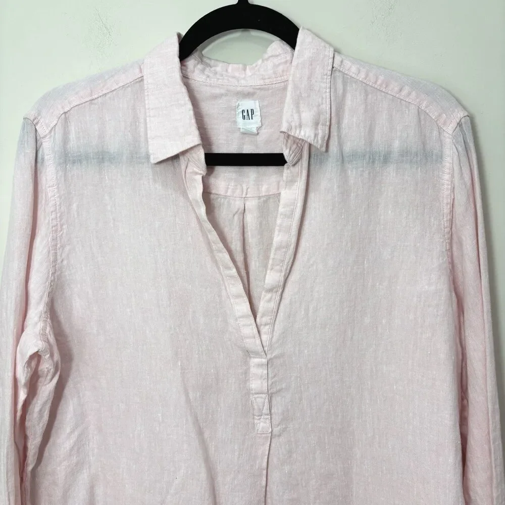 Gap 100% Linen Henley Top Women L Pastel Pink Popover Coastal Beach Resort